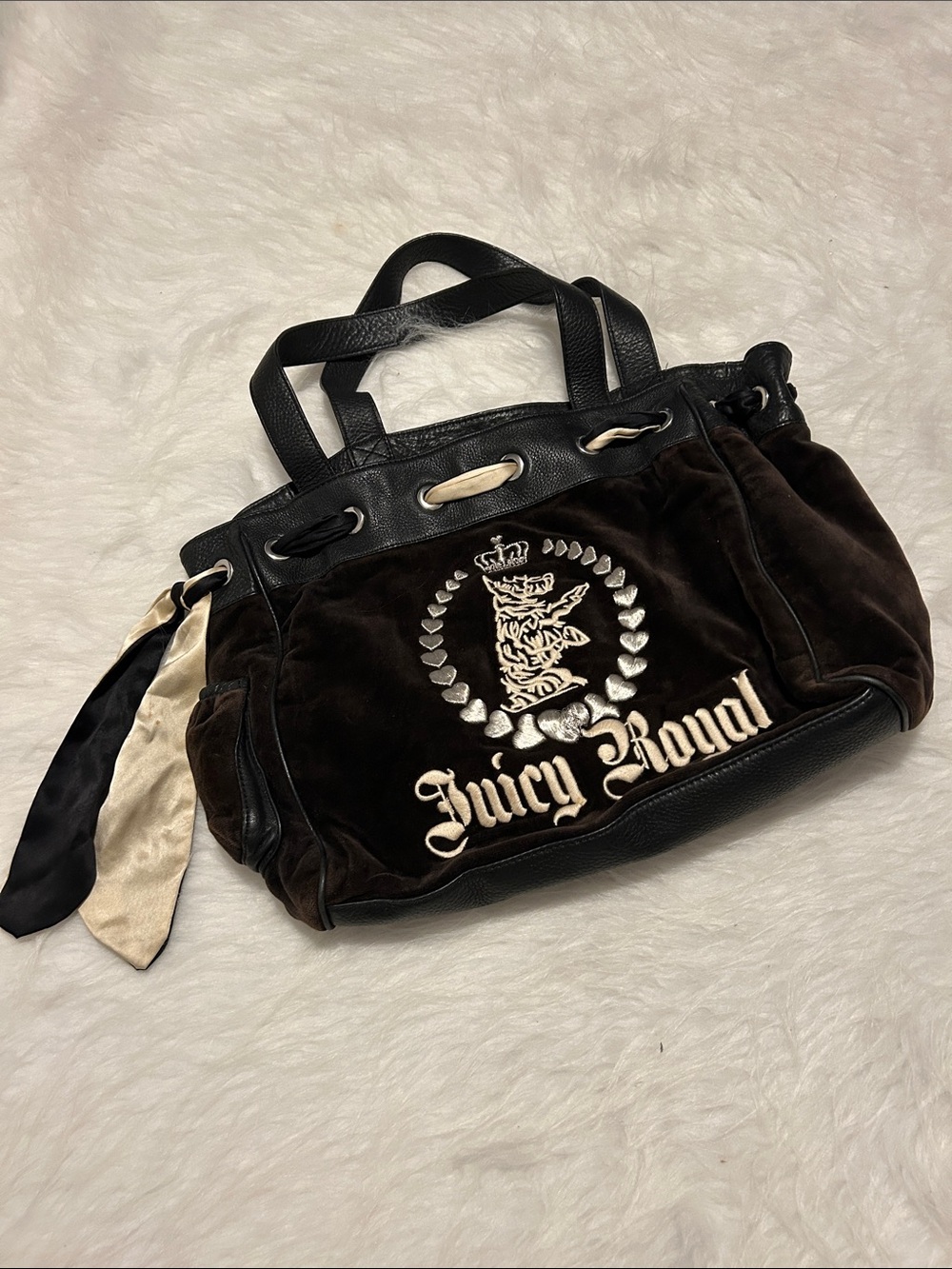 Juicy Couture Brown velvet and Black leather trim Tote with Cream Accents